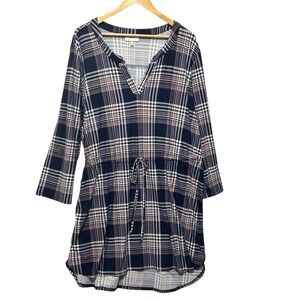 Bobbie‎ Brooks Women Shirt Dress 3X Navy Plaid Drawstring Waist Cozy Preppy Chic